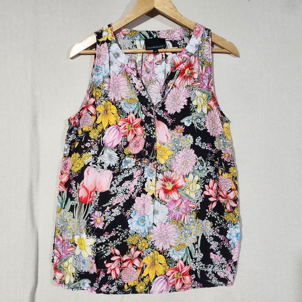 Cynthia Rowley Womens Floral Sleeveless Blouse Black Multi Color Rayon Size M